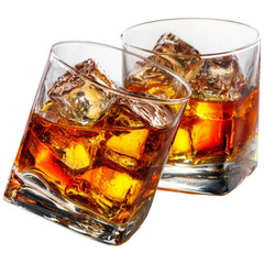 Two glasses of whiskey with ice cubes refreshing beverage photography close up