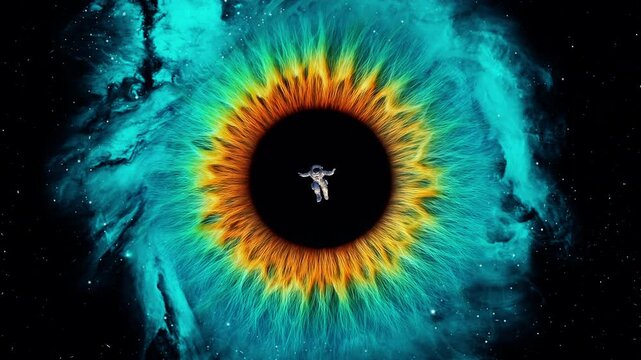 An astronaut is sucked into the center of a nebula shaped like a giant eye. A giant eye-shaped nebula with an astronaut falling into a black hole. 4K video animation.