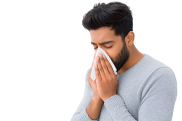 Health in Crisis: A man, his face etched with discomfort, cradles a tissue to his nose, a clear indicator of the body battling illness, capturing a moment of vulnerability.