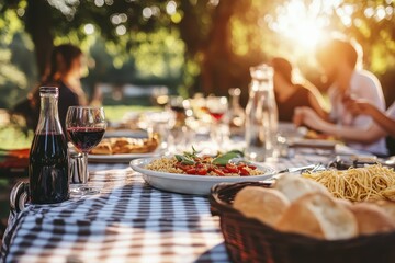 Outdoor dining: family gathering with wine and pasta at sunset