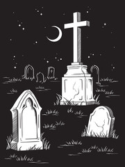 Graveyard at Night with Tombstones and Cross under Moon and Stars Gothic Cemetery Vector Illustration