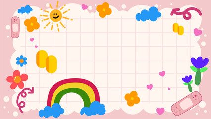 Colorful pastel sky with rainbow, balloons, and smiling stars, digital cartoon background for kids celebration, poster, or birthday card design.