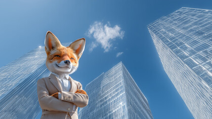 fox in a business suit with arms crossed against urban background, sharp leadership in business concept