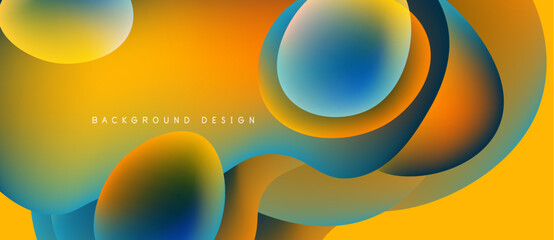 Abstract fluid shapes overlap, creating vibrant orange, blue, yellow gradients. Modern design suggests dynamic movement, smooth transitions.