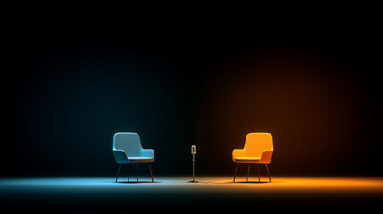 Two Empty Chairs and a Retro Microphone Lit in Contrasting Blue and Orange Light
