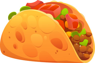 Cartoon tacos Mexican fast food snack. Isolated vector Tex mex fastfood takeaway meal made of corn or wheat tortilla with grilled chicken meat, beans and fresh vegetables like tomatoes and lettuce