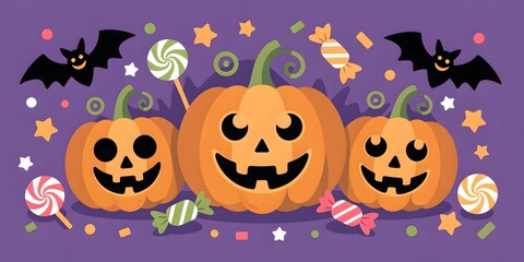 Cute Halloween background with smiling pumpkins, flying bats, colorful candies, festive stars, and confetti. Perfect for spooky, fun, night design, a vibrant purple and orange pattern.
