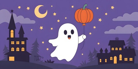 Cute Halloween ghost holding a pumpkin balloon, flying over spooky houses under a dark purple night sky with stars & moon, festive holiday background, adorable design, fun and sweet.