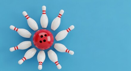 Red bowling ball surrounded by white bowling pins arranged in a circle on a blue background