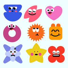 Adorable cartoon icons featuring animals, stars, hearts, and fruits, colorful for kids sticker packs, games, and learning themes.