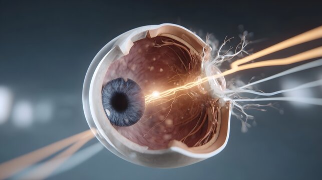Human eye anatomy with glowing optic nerve connections