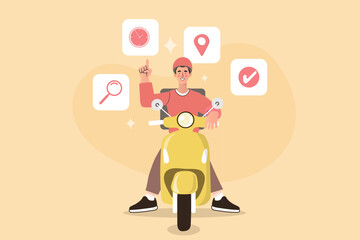 A happy courier on a scooter uses a delivery app. He points to icons for on-time service, GPS location, order tracking, and delivery confirmation, representing a complete logistics system.