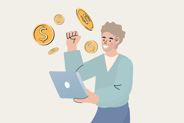 A happy man celebrates making money online. He holds a laptop and raises his fist as gold dollar coins fly around, symbolizing successful freelance income, e-commerce profit, or winning.