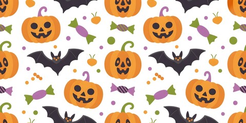 Fototapeta premium Cute Halloween seamless pattern with festive pumpkins, spooky bats, colorful candies, bright background, playful design, seasonal celebration, trick-or-treat, October party, holiday decor.
