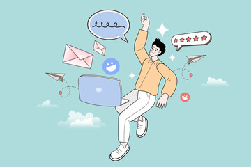 A happy freelancer or remote worker celebrates success while using his laptop. He is surrounded by email, chat, 5-star rating icons, representing positive feedback and efficient digital communication.