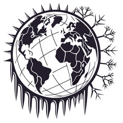 Stylized globe with sharp spikes and barren branches symbolizing environmental crisis and global warming threat