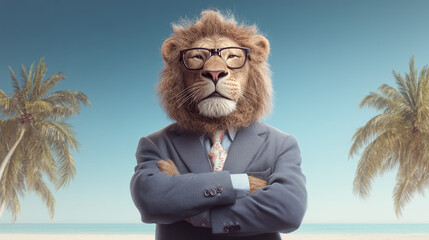 Anthropomorphic Lion in a Business Suit and Glasses on a Tropical Beach