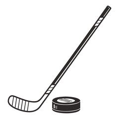 A simple black and white illustration of a hockey stick and puck on a white background representing the sport of ice hockey