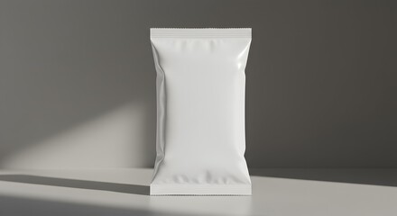Vertical Blank White Flow Wrap Sachet Packaging Mockup with Dramatic Side Lighting and Shadow