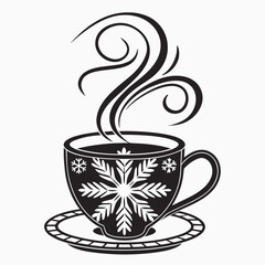 Stylized black and white illustration of a steaming coffee cup with a snowflake design on a saucer