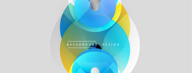 Abstract shapes overlap, creating vibrant color gradients. Modern design elements suggest technology, innovation, fluidity. Light shades dominate background.