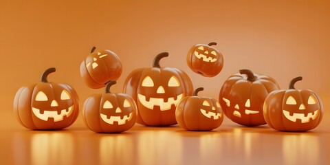 Cute Halloween pumpkins, glowing jack-o'-lanterns, spooky festive background, orange autumn design, 3D render for holiday celebration, charming fall season illustration, decorative elements.