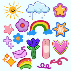 Pastel rainbow with stars, hearts, and flowers, adorable cartoon for childrens wallpaper, baby decor, or digital design projects