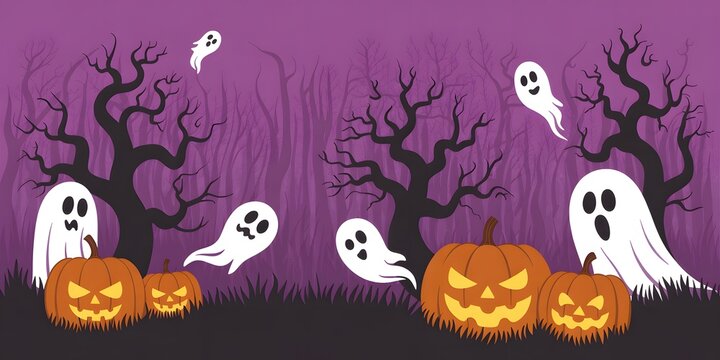 Halloween night background with spooky bare trees, glowing jack-o'-lantern pumpkins, and cute white ghosts, creating a festive, dark purple, and eerie design for cards, parties, or web graphics.