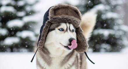 Siberian husky dog with blue eyes wearing a funny trapper hat in the snow. Cute pet licking its nose during a winter snowfall in a forest