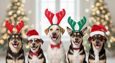 A group of five happy dogs wearing festive christmas costumes. Cute pets with santa hats and reindeer antlers in front of a holiday background. Holiday season animal portrait