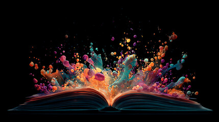Open book on a black background erupts with vibrant paint sprays and luminous color dust shimmering