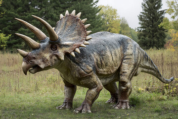 Fototapeta premium Cretaceous dinosaur styracosaurus sculpture with spiked frill and lifelike texture