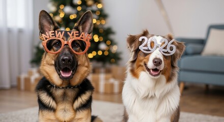 Two funny dogs celebrating New Year 2026 in festive glasses. A German Shepherd and an Australian Shepherd in a party costume at home