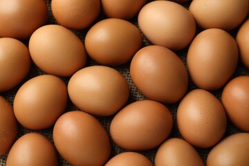 Many raw chicken eggs on table, above view