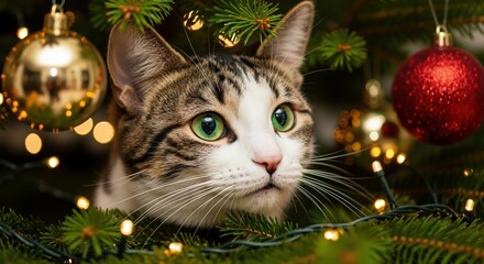 A curious tabby and white cat with green eyes hiding inside a festive Christmas tree. Adorable holiday pet portrait with red and gold ornaments and glowing lights