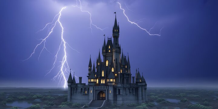Dramatic spooky castle at night, illuminated windows, powerful lightning strikes, dark fantasy, mystery, magical, haunting atmosphere, Halloween background, mystical architecture, stormy sky.