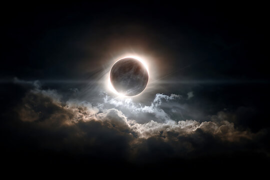 Dramatic total solar eclipse with glowing corona in dark sky