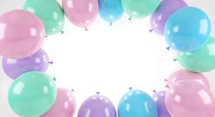 Pastel balloons framing bright white space for birthday party invitation or baby shower announcement