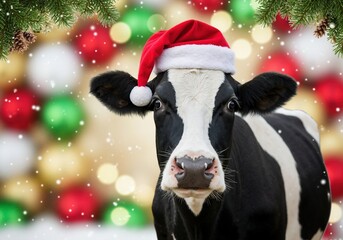 A funny black and white cow wearing a red Santa hat. Cute farm animal portrait on a festive Christmas background with snow and bokeh lights