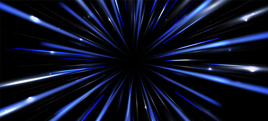 Speed rays, light neon flow, zoom in motion effect, blue glow speed lines, colorful light trails, perspective stripes Abstract background, vector illustration.