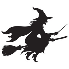 Black Witch Silhouette Flying Broomstick Halloween Vector Illustration