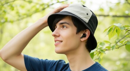 Young man wearing a bucket hat and wireless earbuds, smiling outdoors with green foliage in the background