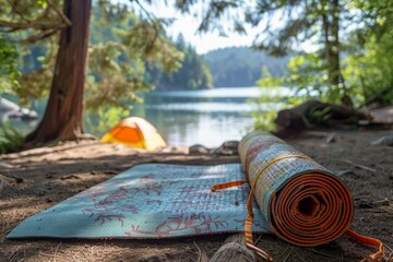 Fototapeta premium Unrolled and rolled camping mat on the ground by a lake with a tent in the background, suggesting a peaceful camping experience