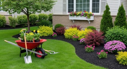 Beautifully landscaped front yard with colorful flowers, shrubs, and gardening tools on a sunny day
