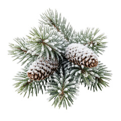 Frosty evergreen sprig and pinecones on a black background
