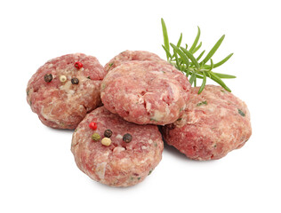 Fresh raw meat patties with rosemary and peppercorns isolated on white