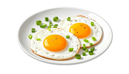 Two fried eggs on a plate with sliced green onions, isolated on solid white background PNg