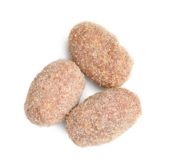 Fresh raw meat patties isolated on white, top view