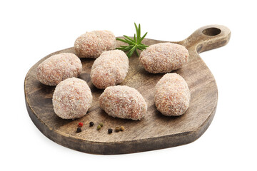 Uncooked meat patties with rosemary and peppercorns isolated on white