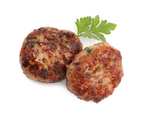 Delicious meat patties with parsley isolated on white, above view